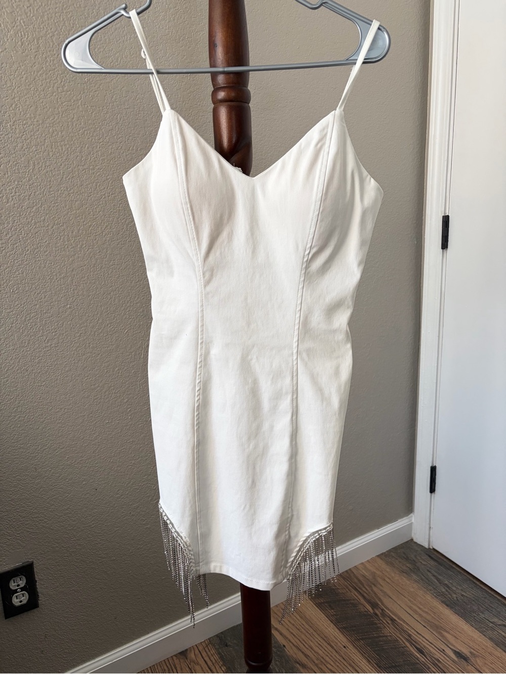 Haute Monde White Spaghetti-Strap Mini Dress with Fringe